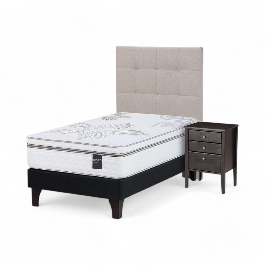 Cama Rosen Art 4 1.5 Plazas Base Norm + Muebles Issey Gris