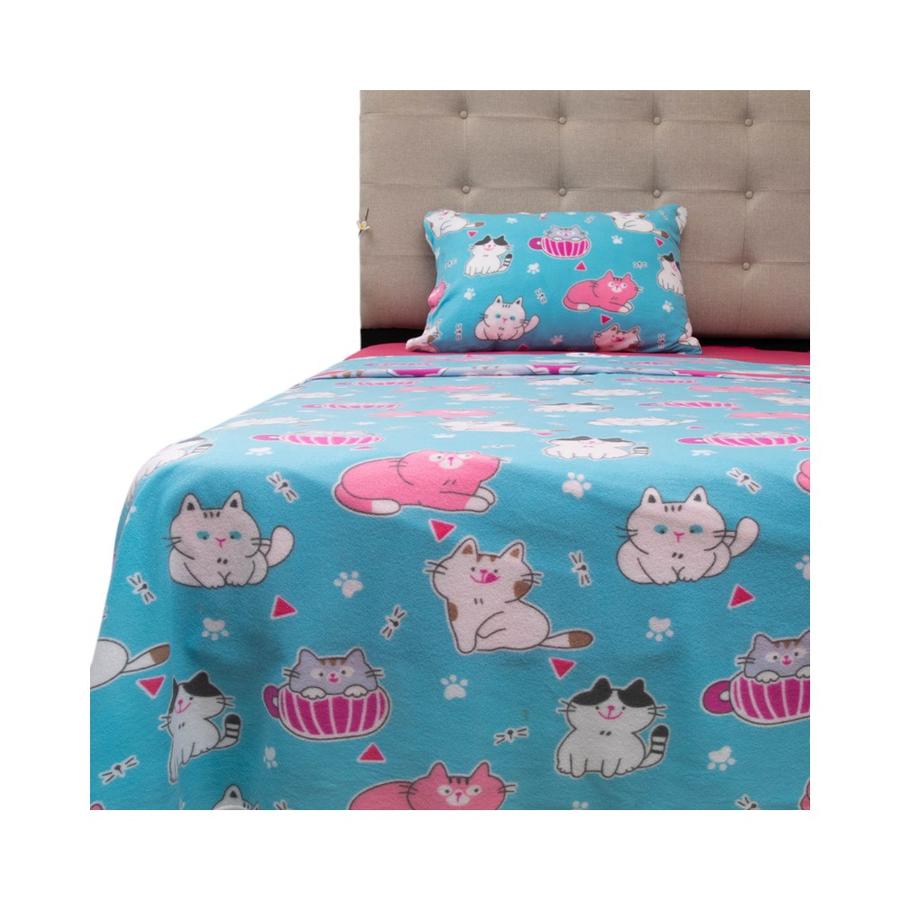 Sábanas Polar Infantil Doral Gatos 1.5 Plazas Celeste