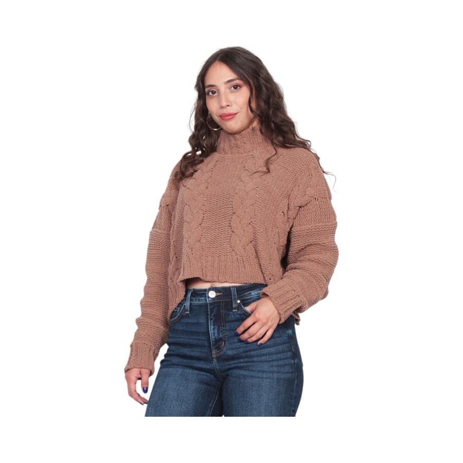 Sweater Sólido Trenzado Manga Larga Mujer Wados Avellana