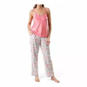 Set Pijama Flores Polera + Pantalón Satín Rosa