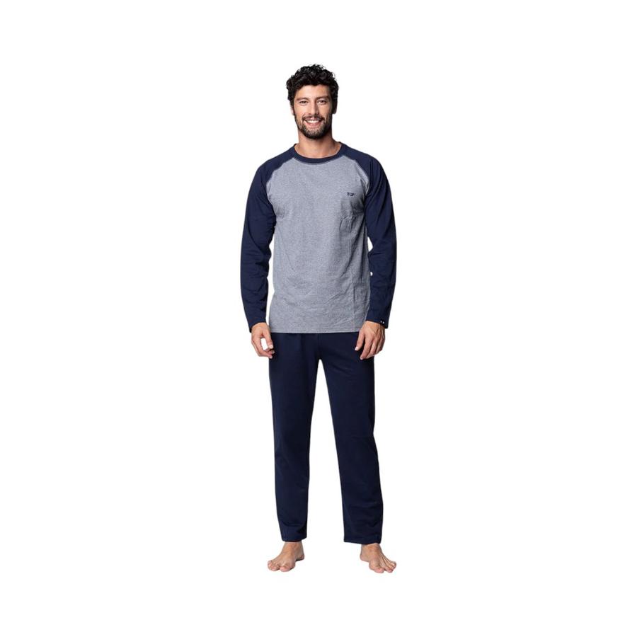 Pijama Hombre Top Invierno Algodón C4 Azul