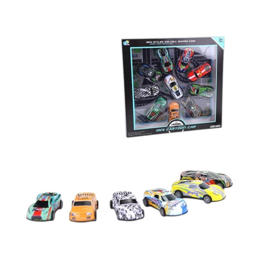 Set De 10 Autitos De Carrera Metálicos Con Pista Simulada