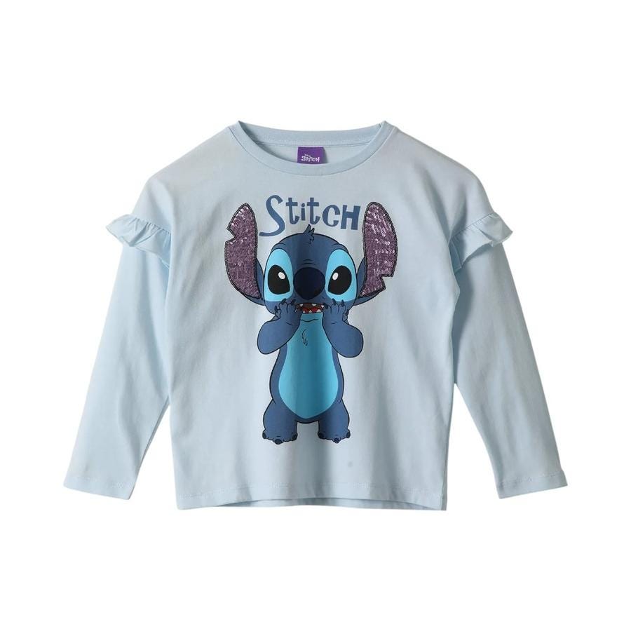 Polera Manga Larga Infantil Stitch Lentejuelas Celeste
