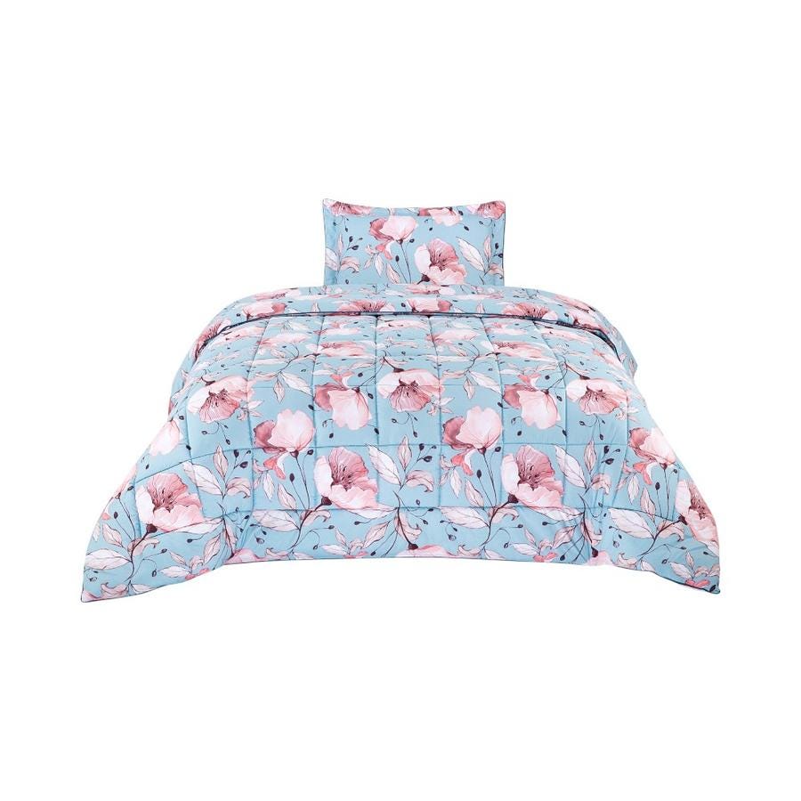 Plumón Classic 1.5 Plazas Matiz Diseño Floral Celeste