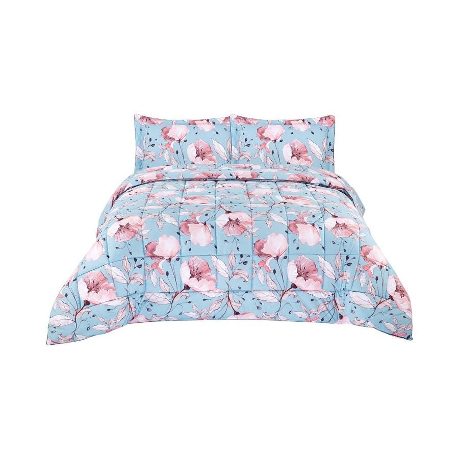 Plumón Classic 2 Plazas Matiz Diseño Floral Celeste