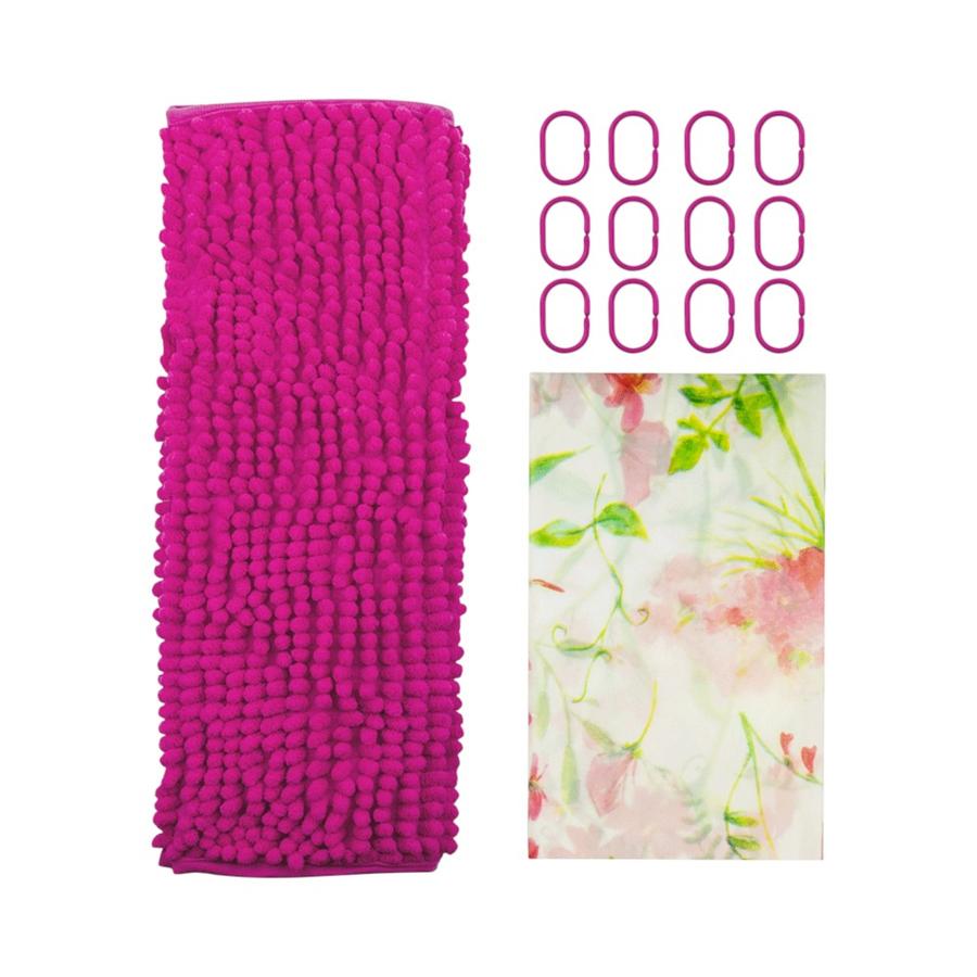 Set de baño Decoexpress Cortina + 12 ganchos + Piso Arcoiris