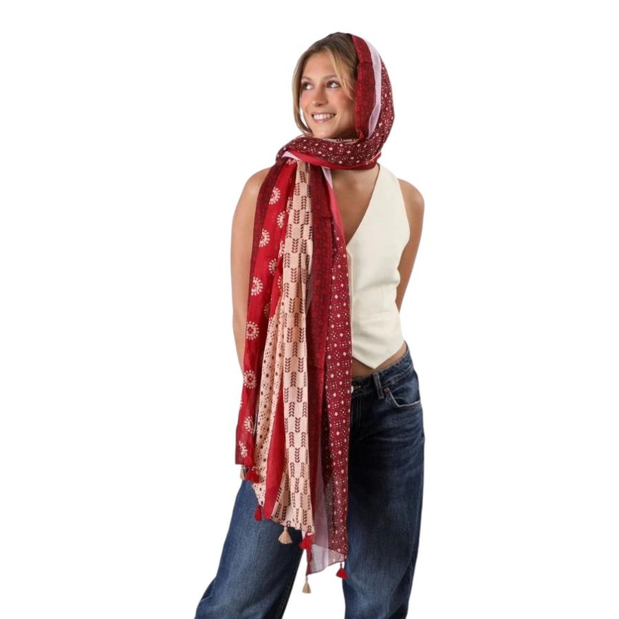 Pañuelo Algodón Humana Rita Borlas Rojo