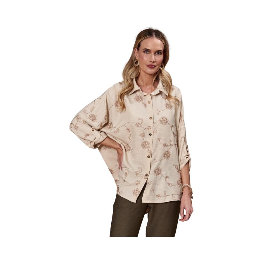 Blusa Camisera Mujer Give Bordada 3/4 Crudo