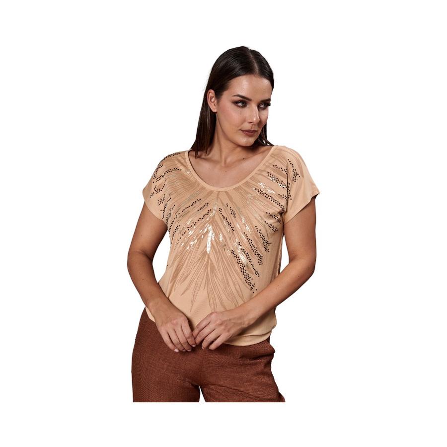 Polera Cuello V Mujer Give Estampada Tachas Beige