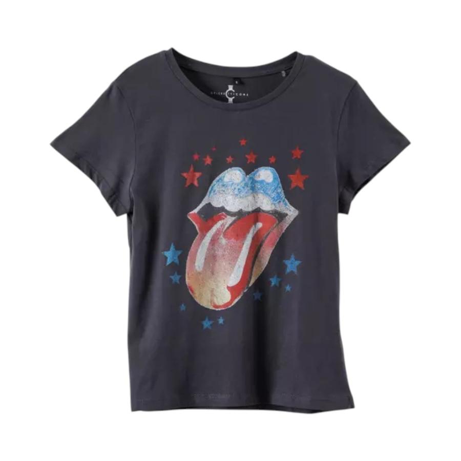 Polera Manga Corta Rolling Stones Mujer TBC Estampado Negro