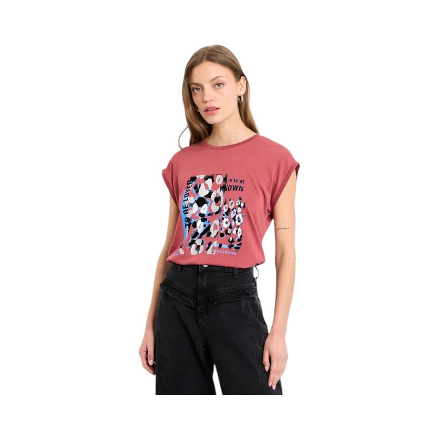 Polera IO Mujer Rib Manga Corta Estampada Rosado