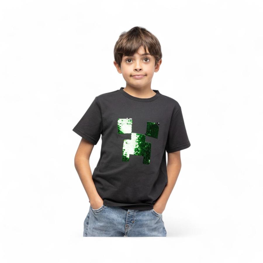 Polera Infantil TBC Minecraft Lentejuelas Manga Corta Negro