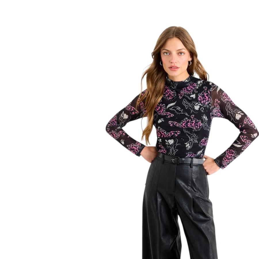 Polera Manga Larga Mujer iO Fantasía Malla Negro/Fucsia