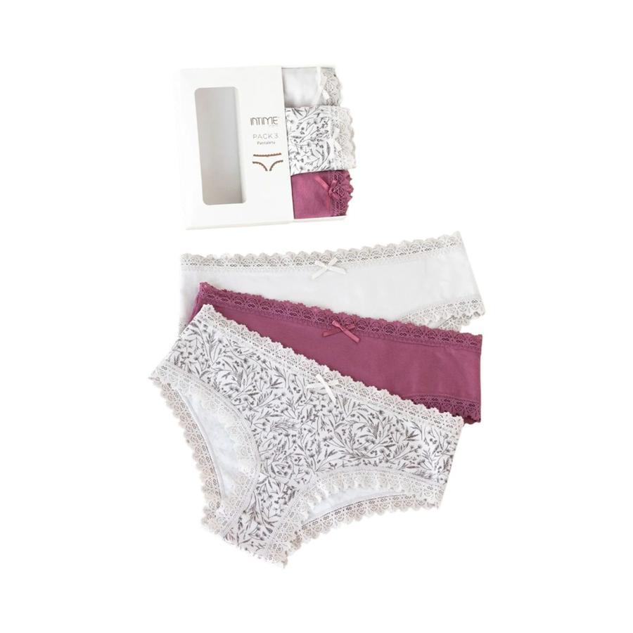 Pack 3 Pantaleta Mujer Intime Algodón Encaje Berenjena L