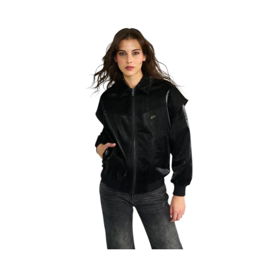 Chaqueta con Textura Mujer Ellus Maxi Bomber Snake Negro
