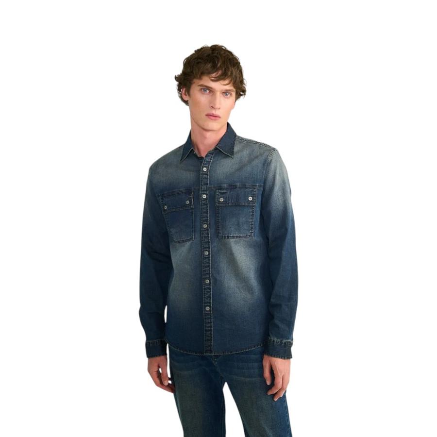 Camisa Hombre Ellus Denim Bolsillos Azul Oscuro Oxidado