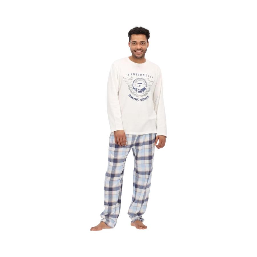Pijama Largo Hombre Algodón Mota Blanco Azul