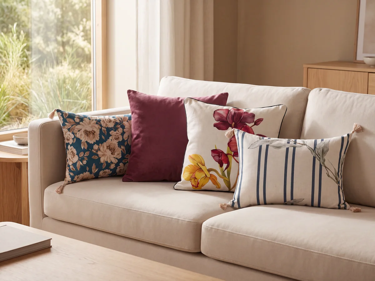 Selección de cojines Matiz con colores y estampados para living